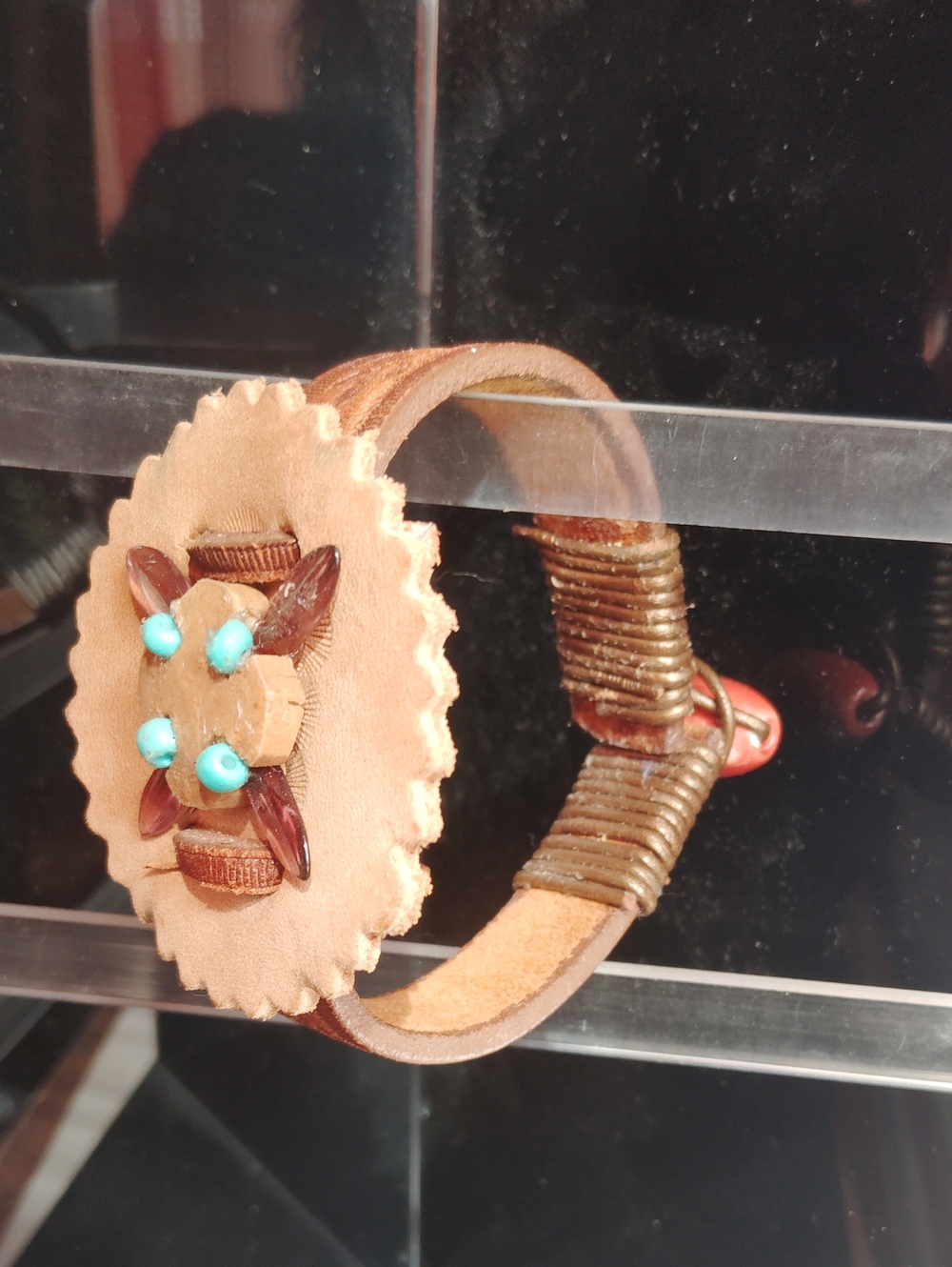 Handcrafted Brown Leather Turquoise Accent Bracelet Southwestern Design